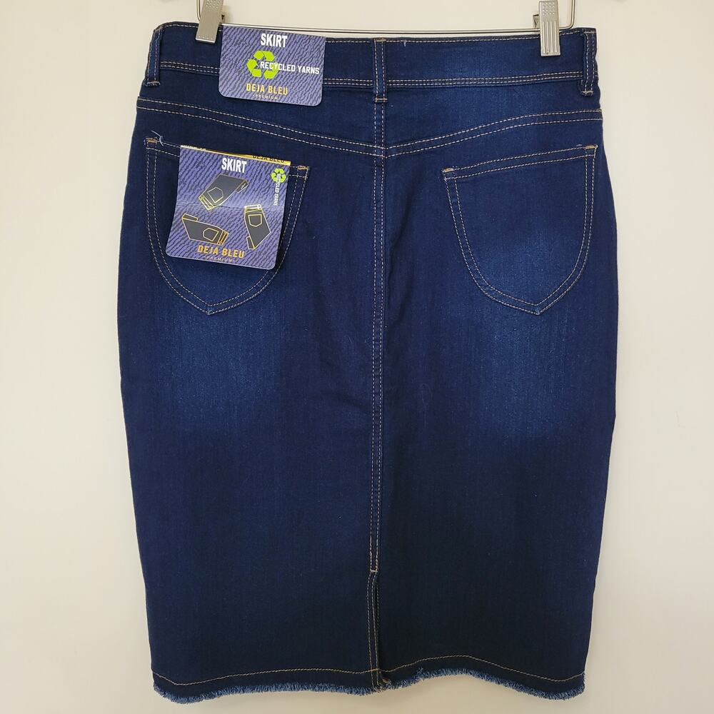 NWT Deja Bleu Premium Denim Skirt 12 Knee Straight Pencil Frayed Hem Vent - Picture 2 of 13